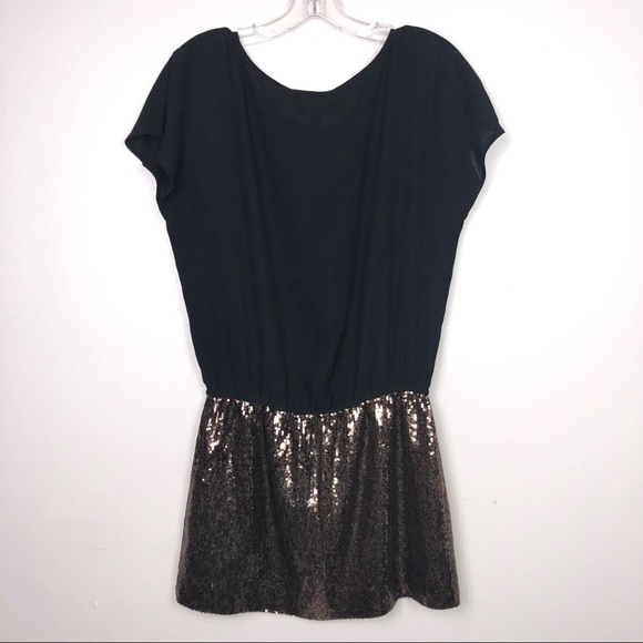 Express Y2K Blouson Mini Dress Black Drop Waist Copper Gold Sequin Skirt Size XS - Picture 7 of 8